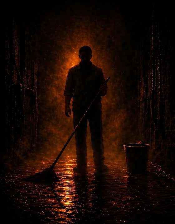 A father holding a mop, standing beside a bucket in an ominous amber-lit doorway.